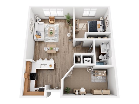 Floor plan for 1 bed, 1 bath, 879 sqft